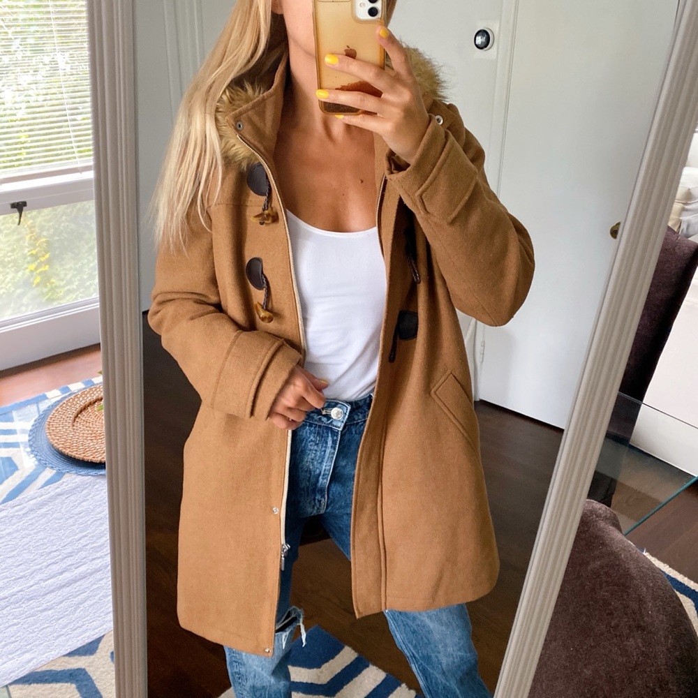 🍂 CHIC TAN FAUX FUR WOOL BLEND HOODED WINTER JACKET! - Picture 2 of 16